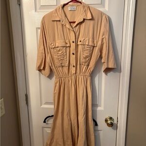 Tan Buttoned‎ Midi Dress with Notched Collar